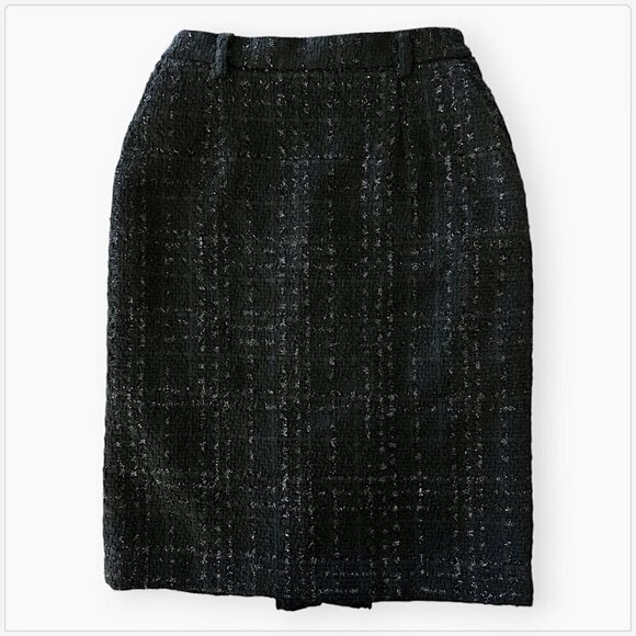 House of Bruar Black Metallic Shimmer Tweed Pencil Straight Skirt Vintage 10 - Picture 1 of 3